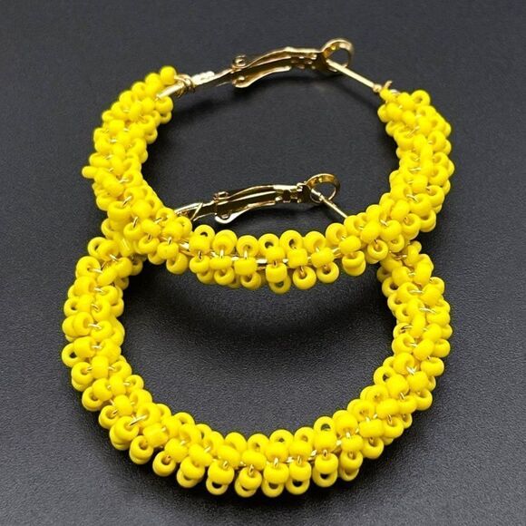 Yellow Gold Wire Wrapped Yellow Beaded Open Round Hinged Post Hoop Earrings - Picture 1 of 9
